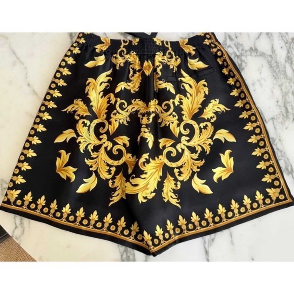 Versace 1010119 Mens Silk Leaf Print Shorts Black Gold Print, sz 52 Waist 34